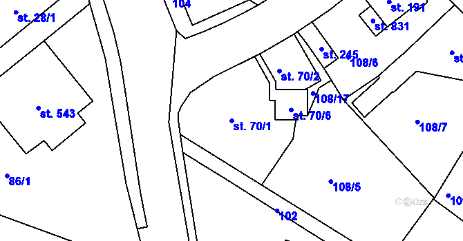 Parcela st. 70/1 v KÚ Horní Lomany, Katastrální mapa