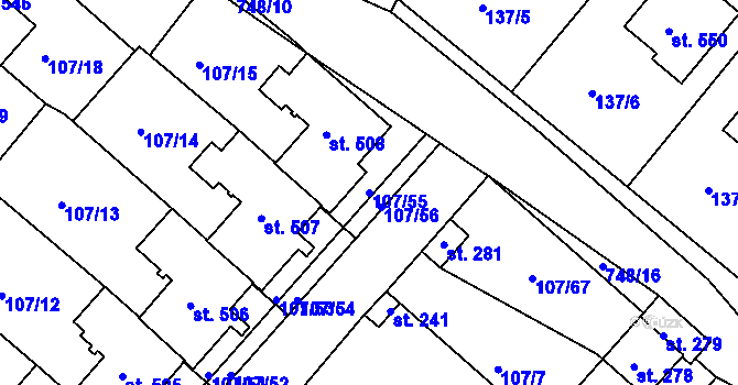 Parcela st. 107/55 v KÚ Horní Lomany, Katastrální mapa