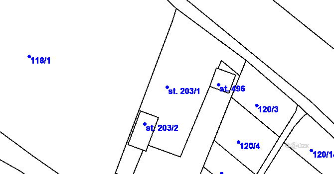 Parcela st. 203/1 v KÚ Horní Lomany, Katastrální mapa
