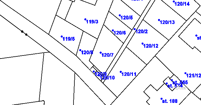 Parcela st. 120/7 v KÚ Horní Lomany, Katastrální mapa