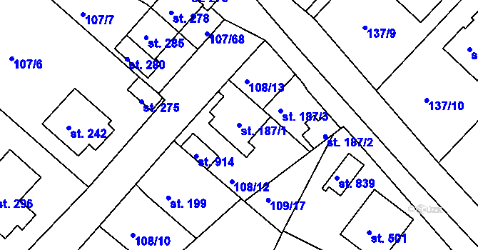 Parcela st. 187/1 v KÚ Horní Lomany, Katastrální mapa