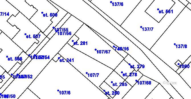 Parcela st. 107/67 v KÚ Horní Lomany, Katastrální mapa