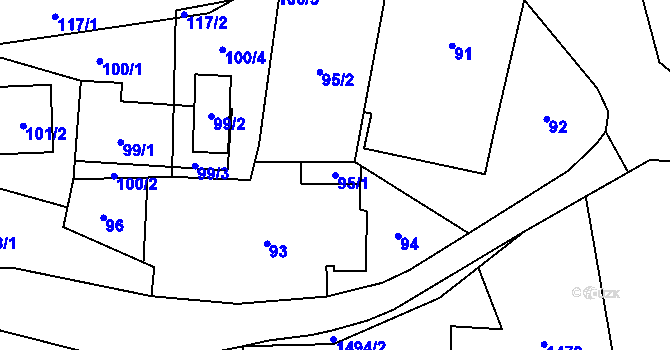 Parcela st. 95/1 v KÚ Fryčovice, Katastrální mapa