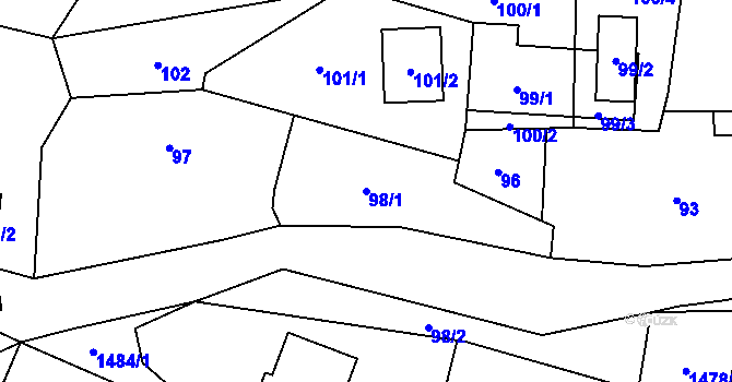 Parcela st. 98/1 v KÚ Fryčovice, Katastrální mapa