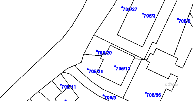 Parcela st. 705/20 v KÚ Fryčovice, Katastrální mapa