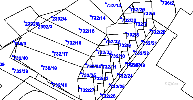 Parcela st. 732/33 v KÚ Fryčovice, Katastrální mapa