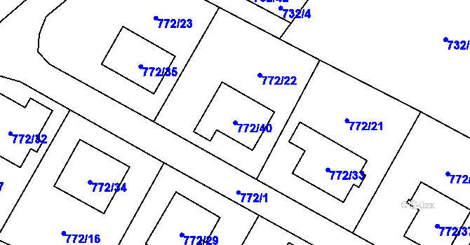 Parcela st. 772/40 v KÚ Fryčovice, Katastrální mapa