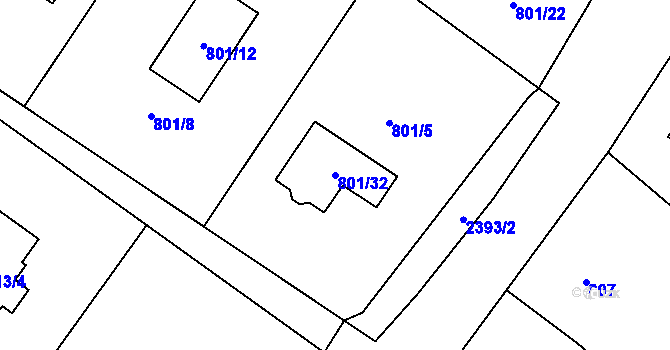 Parcela st. 801/32 v KÚ Fryčovice, Katastrální mapa