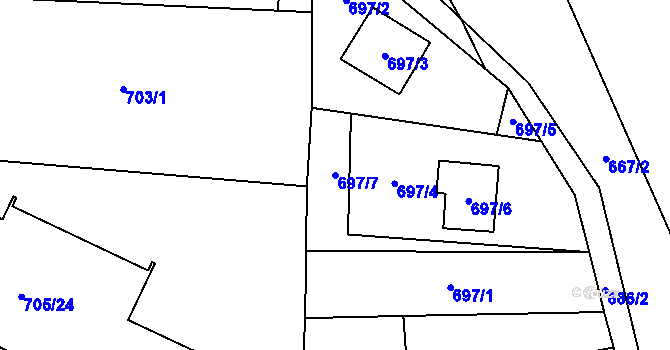 Parcela st. 697/7 v KÚ Fryčovice, Katastrální mapa