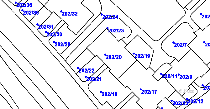 Parcela st. 202/20 v KÚ Frýdek, Katastrální mapa