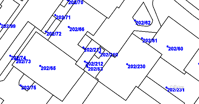 Parcela st. 202/210 v KÚ Frýdek, Katastrální mapa