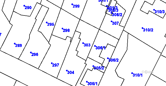 Parcela st. 303 v KÚ Frýdek, Katastrální mapa