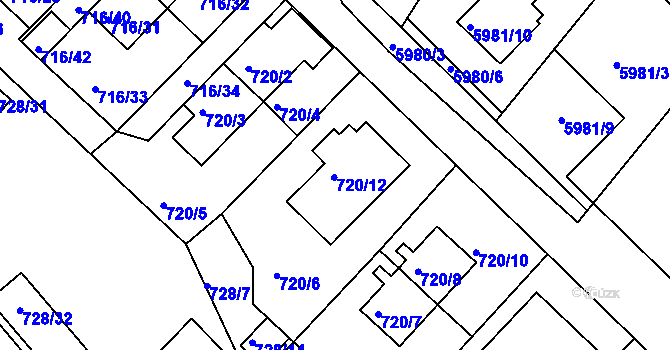 Parcela st. 720/12 v KÚ Frýdek, Katastrální mapa