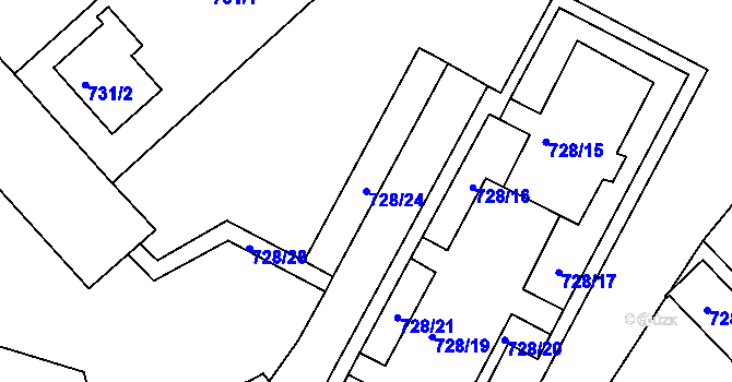 Parcela st. 728/24 v KÚ Frýdek, Katastrální mapa
