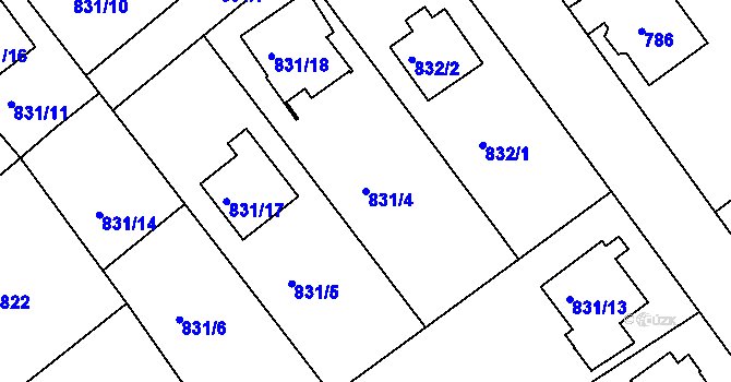 Parcela st. 831/4 v KÚ Frýdek, Katastrální mapa