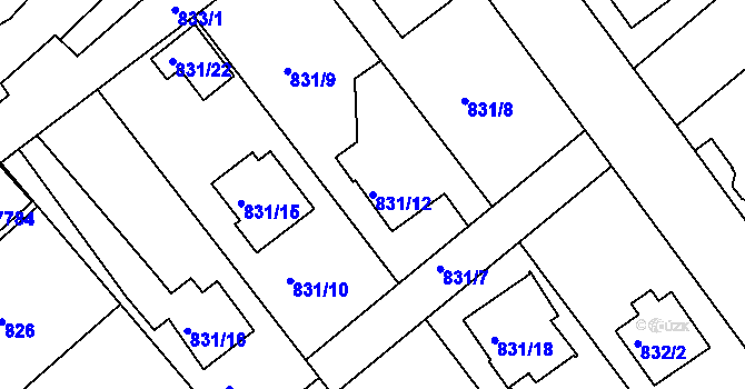 Parcela st. 831/12 v KÚ Frýdek, Katastrální mapa