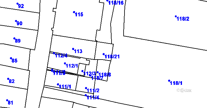 Parcela st. 118/21 v KÚ Frýdek, Katastrální mapa