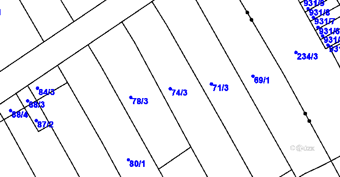 Parcela st. 74/3 v KÚ Fryšták, Katastrální mapa
