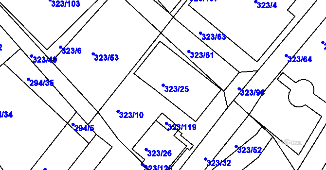 Parcela st. 323/25 v KÚ Fryšták, Katastrální mapa