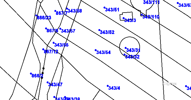 Parcela st. 343/54 v KÚ Fryšták, Katastrální mapa