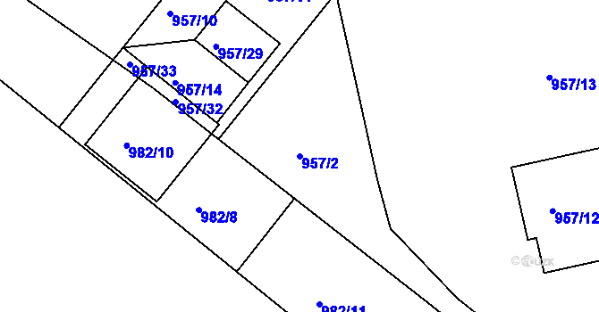 Parcela st. 957/2 v KÚ Fryšták, Katastrální mapa
