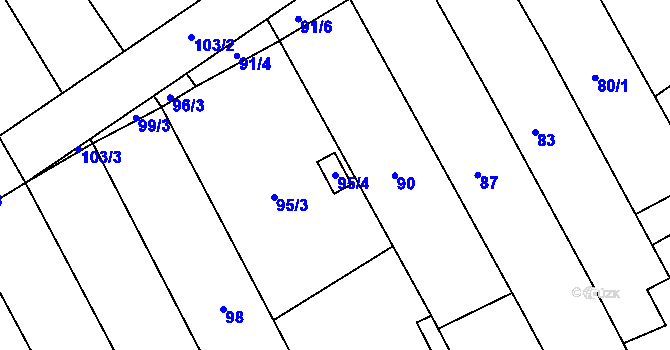 Parcela st. 95/4 v KÚ Fryšták, Katastrální mapa