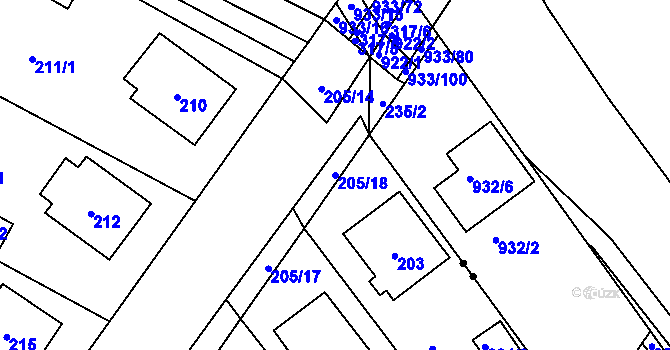 Parcela st. 205/18 v KÚ Fryšták, Katastrální mapa