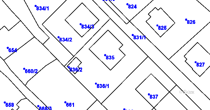 Parcela st. 835 v KÚ Horní Ves u Fryštáku, Katastrální mapa
