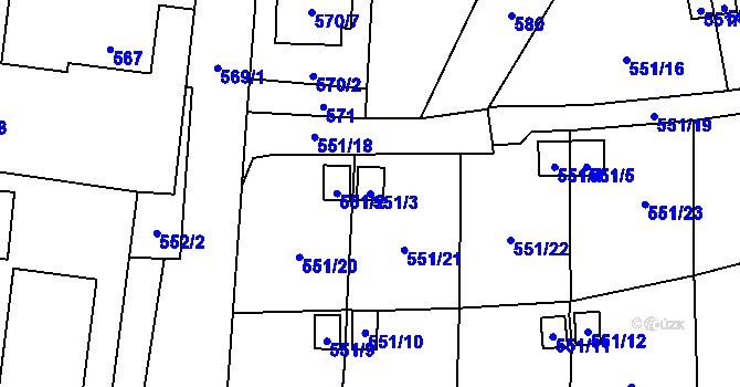 Parcela st. 551/3 v KÚ Jerlochovice, Katastrální mapa