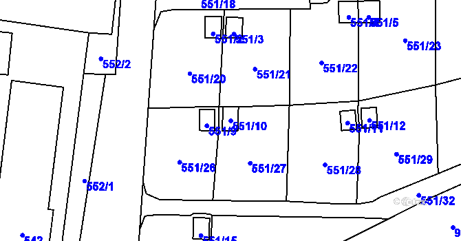 Parcela st. 551/10 v KÚ Jerlochovice, Katastrální mapa