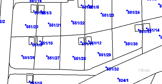 Parcela st. 551/11 v KÚ Jerlochovice, Katastrální mapa