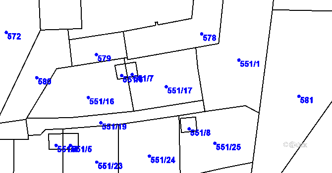 Parcela st. 551/17 v KÚ Jerlochovice, Katastrální mapa