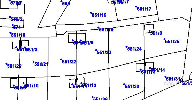 Parcela st. 551/23 v KÚ Jerlochovice, Katastrální mapa