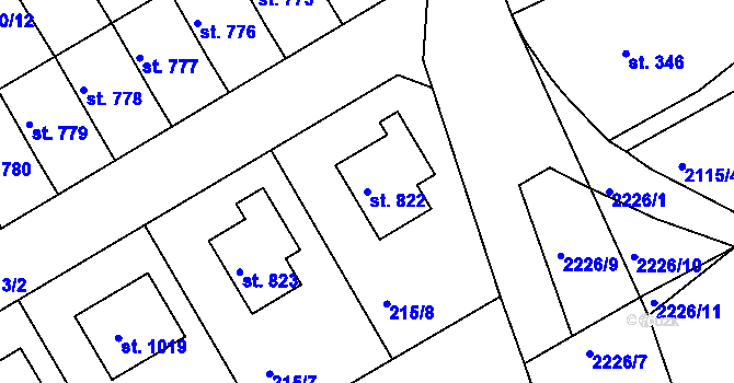 Parcela st. 822 v KÚ Golčův Jeníkov, Katastrální mapa