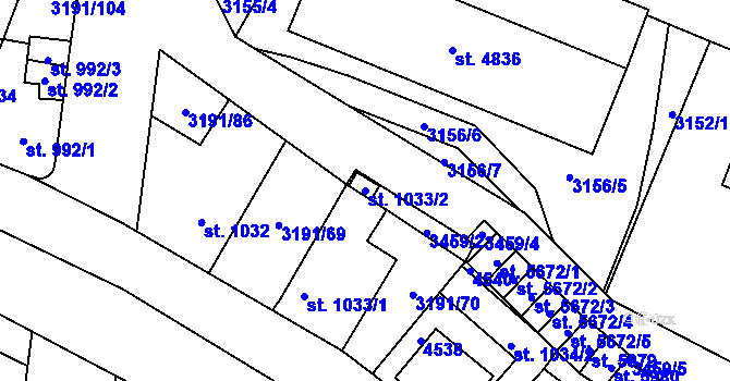 Parcela st. 1033/2 v KÚ Zlín, Katastrální mapa