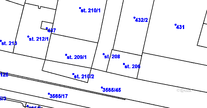 Parcela st. 208 v KÚ Zlín, Katastrální mapa