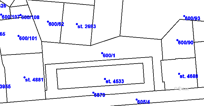 Parcela st. 600/1 v KÚ Zlín, Katastrální mapa