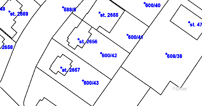 Parcela st. 600/42 v KÚ Zlín, Katastrální mapa