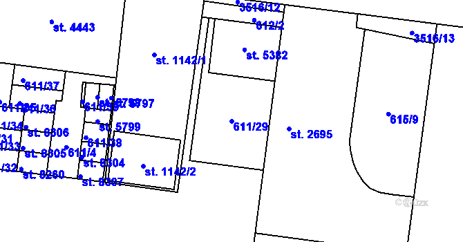 Parcela st. 611/29 v KÚ Zlín, Katastrální mapa