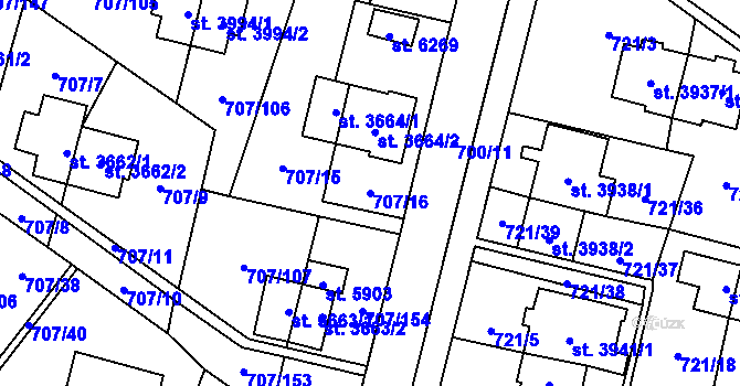 Parcela st. 707/16 v KÚ Zlín, Katastrální mapa