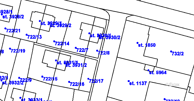 Parcela st. 722/8 v KÚ Zlín, Katastrální mapa