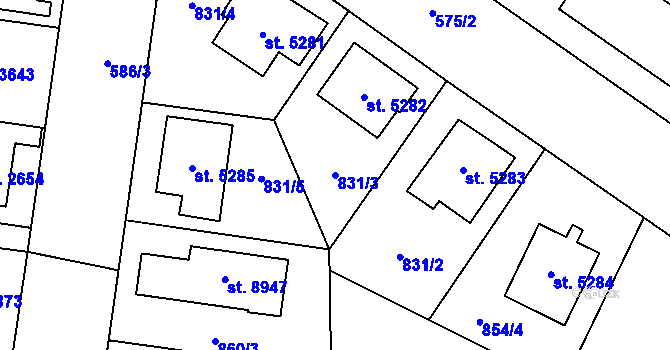 Parcela st. 831/3 v KÚ Zlín, Katastrální mapa