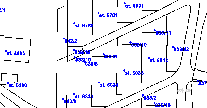 Parcela st. 838/9 v KÚ Zlín, Katastrální mapa