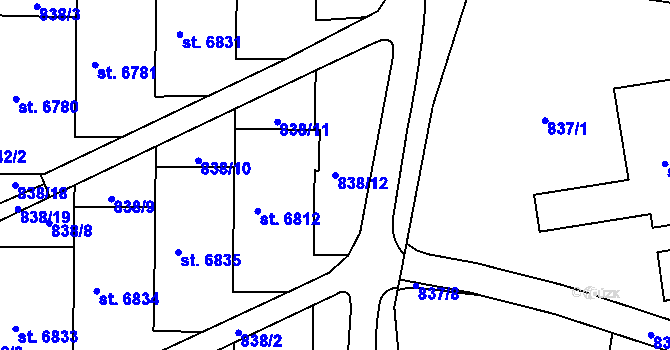 Parcela st. 838/12 v KÚ Zlín, Katastrální mapa