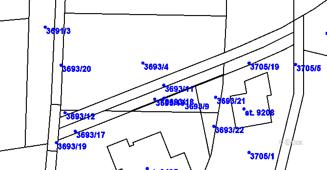 Parcela st. 3693/11 v KÚ Zlín, Katastrální mapa