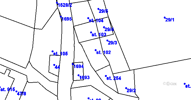 Parcela st. 102 v KÚ Příluky u Zlína, Katastrální mapa