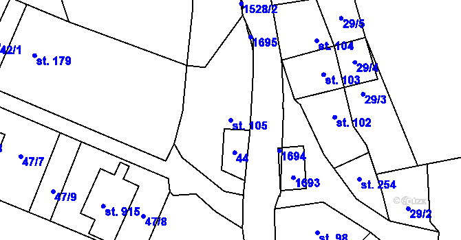 Parcela st. 105 v KÚ Příluky u Zlína, Katastrální mapa