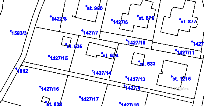 Parcela st. 634 v KÚ Příluky u Zlína, Katastrální mapa