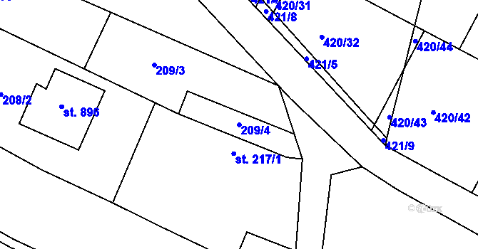 Parcela st. 209/4 v KÚ Příluky u Zlína, Katastrální mapa
