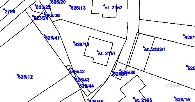 Parcela st. 2151 v KÚ Malenovice u Zlína, Katastrální mapa